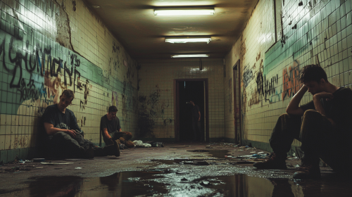 Abandoned French apartment block with disheveled individuals