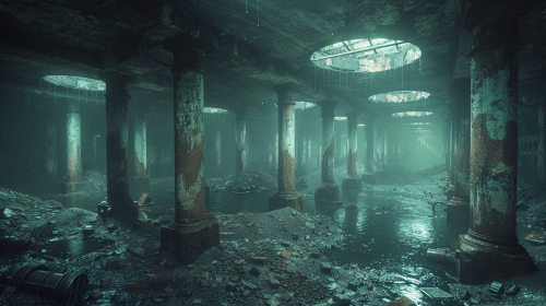 Abandoned factory basement with broken machinery, rusted pipes.