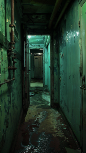 Abandoned haunted hallway with eerie shadows, whispers, dimness