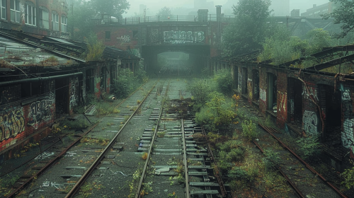 Abandoned industrial district with old train tracks, graffiti.