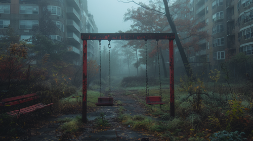 Abandoned urban park with rusted swings, broken paths.