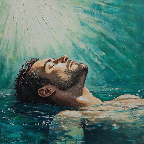 Abstract French Style Painting: Middle-Aged Man in Water