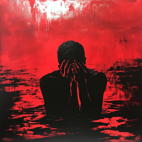 Abstract art with humans expressing fear and despair