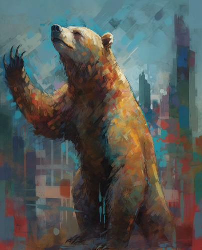 Abstract bear standing, city background, oil paint on canvas.