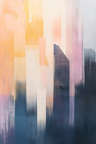 Abstract city skyline at sunrise with warm tones.