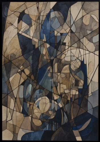 Abstract painting in black, dark blue, beige tones.