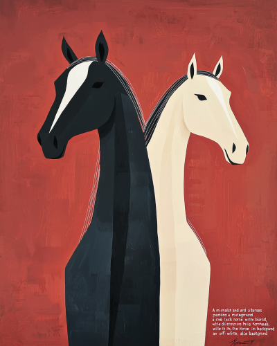 Abstract painting of two horses on red-brown background.