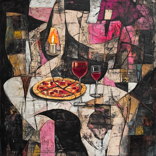 Abstract painting with realistic elements, table with pizza.