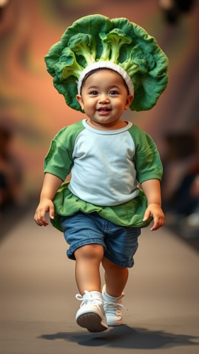 Adorable Baby Struts on Runway in Veggie Outfit.