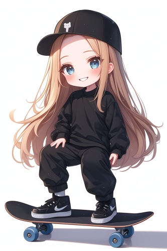Adorable fashion girl on skateboard, smiling brightly Adorable fashion girl on skateboard, smiling brightly