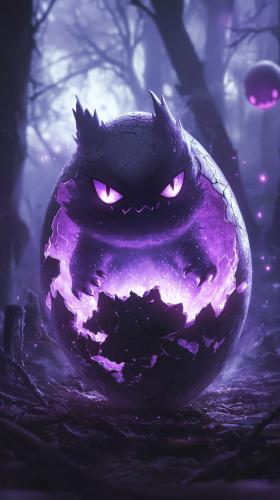 Adorably mischievous baby Gengar emerging from glowing egg.