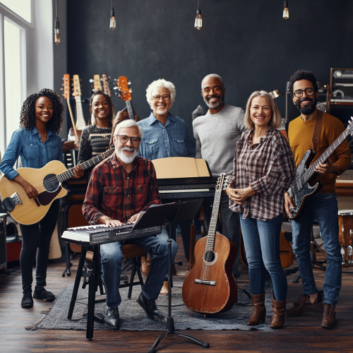 Adult music class in modern studio with instruments, smiling. Adult music class in modern studio with instruments, smiling.