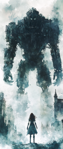 Adventurer and golem in eerie watercolor cityscape setting.