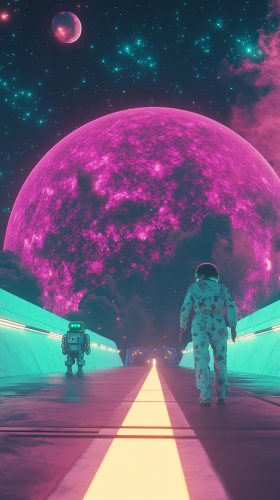 Adventurous space hitchhiker and robot in pajamas