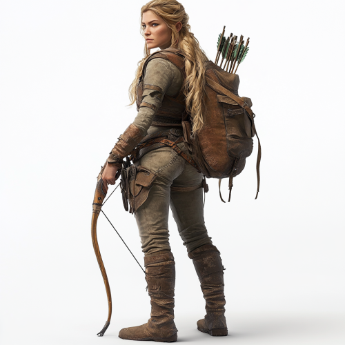 Adventurous woman in 30s with bow and sword.