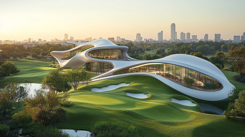 Aerial View of Golf Course and Buildings Nearby