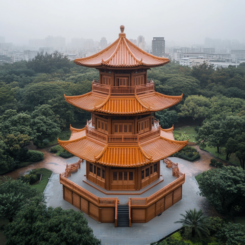 Aerial view of Taiwanese pagoda on overcast day