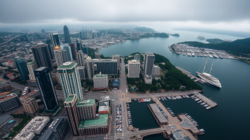 Aerial view of a fantasy harbor city.