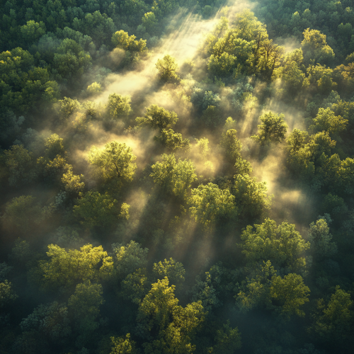 Aerial view of misty forest shrouded in mystery