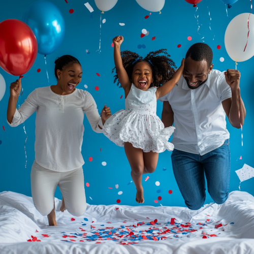 African American family jumping on bed, laughing together.