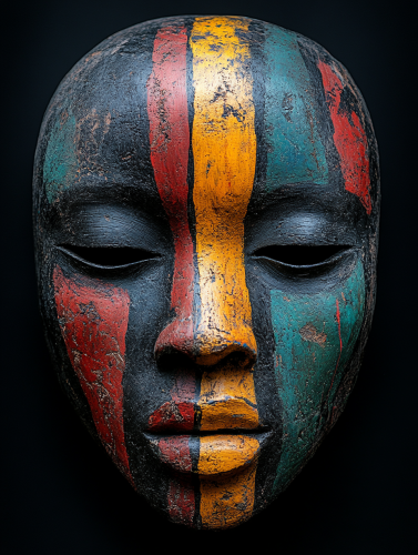 African mask with red, yellow, and green paint.