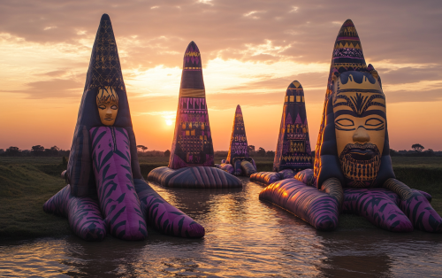 African sunset with ancient structures and vibrant patterns