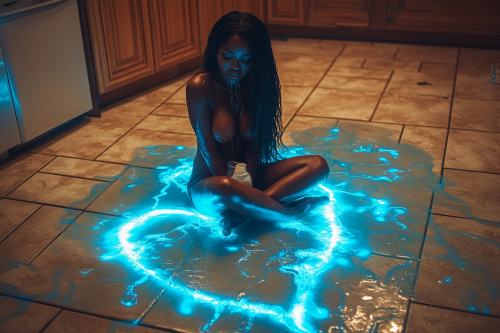 African woman cries milk on heart-shaped kitchen floor