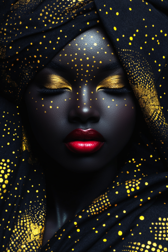 African woman in tribal patterns surrounded by gold dots.