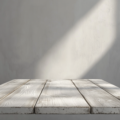 Aged white wooden table with spotlight, minimalist style