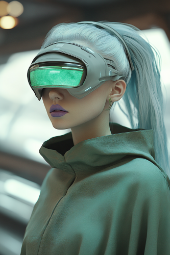 Ageless Woman in Sci-Fi Setting with Blue Hair