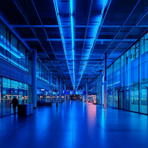 Airport Hamburg, drones patrol security zones, AR billboards hover. Neon lights reflect on shiny metal architecture, security monitors crowds.