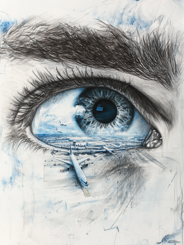 Airport view through man's eye sketch cover