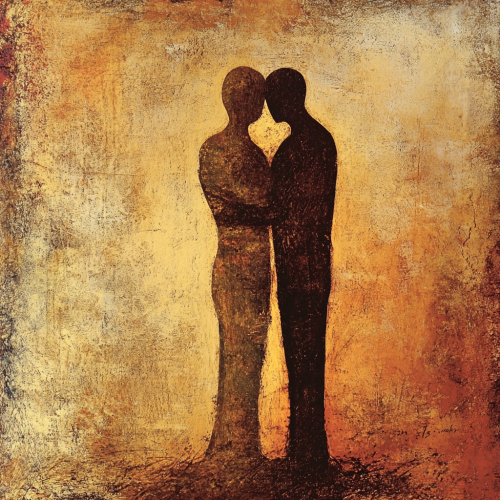 Album cover: Figures connecting in a supportive moment. Warm colors. Album cover: Figures connecting in a supportive moment. Warm colors.