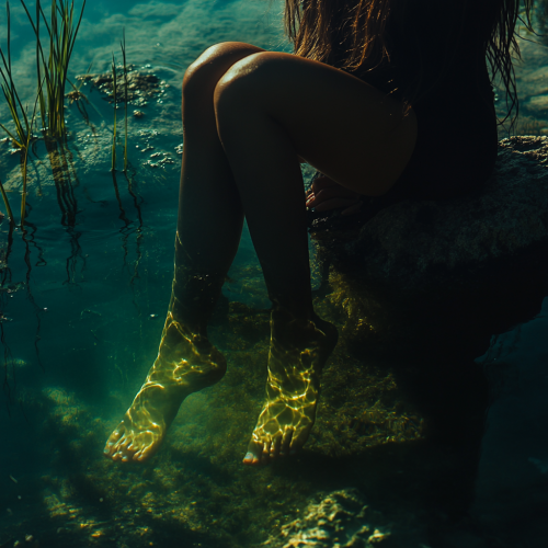 Algae wrap around long-haired woman's legs by lake.