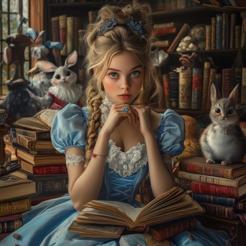 Alice's enchanted birthday party with books and characters.