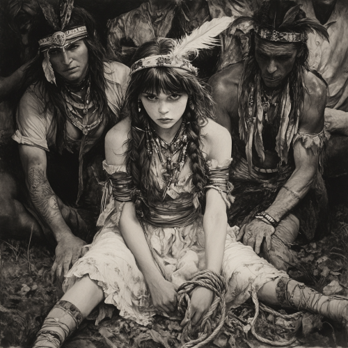 Alice tied up by Indians with menacing looks.