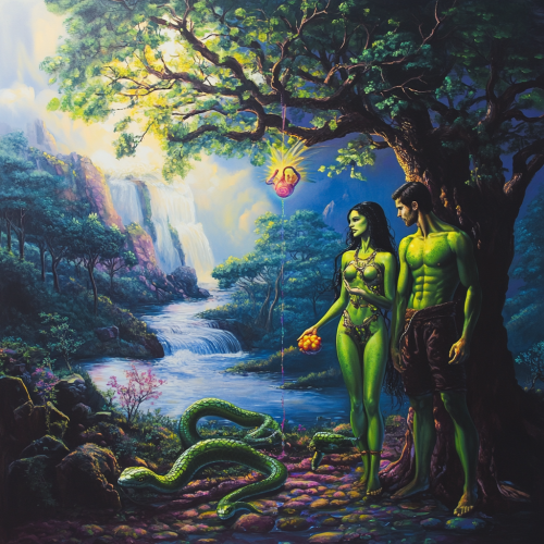 Alien Adam and Eve in Eden with mystical tree