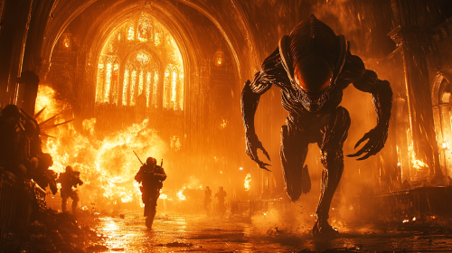 Alien and soldier run in exploding church at night.