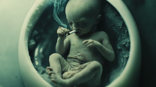 Alien baby smoking cigarette in womb, dark atmosphere.