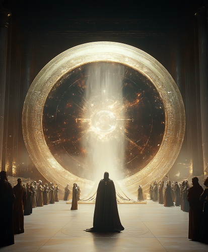 Alien humanoids watch primordial gods create our universe. Detailed, geometric.