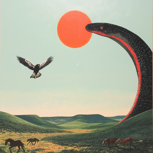 Alien planet with simultaneous sunsets and a giant snake.