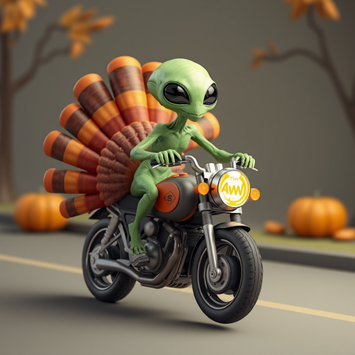 Alien riding turkey like a motorcycle on Thanksgiving.