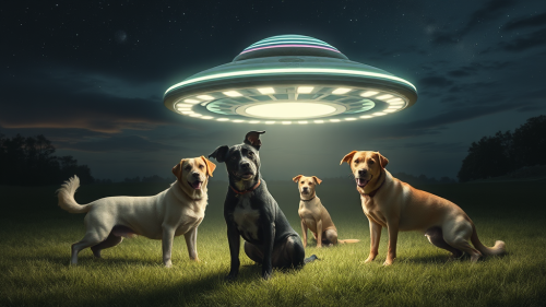 Alien spaceship surrounded by curious dogs