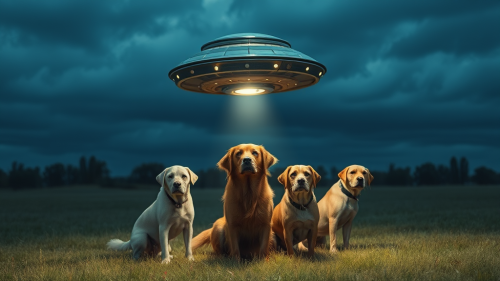 Alien spaceship surrounded by playful dogs.