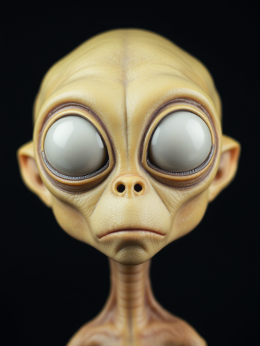 Alien with big eyes, waxy yellow skin.