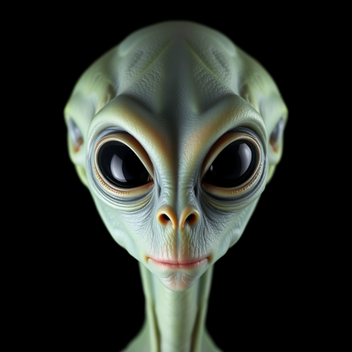 Alien with big eyes staring straight ahead.