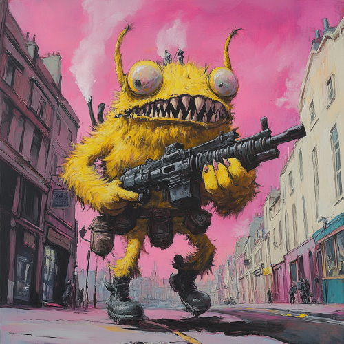 Alien with teeth and machine gun on street corner. Alien with teeth and machine gun on street corner.