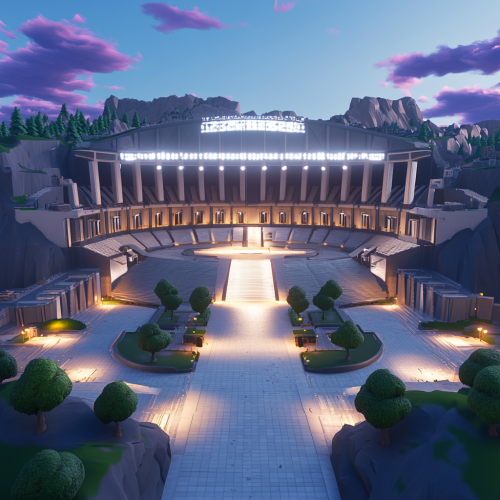 Alt text: Modern stadium entrance with Roman landscaping and lighting. Alt text: Modern stadium entrance with Roman landscaping and lighting.