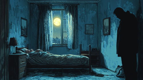 Ambiguous figure watches over sleeping Raif in dimly lit room.