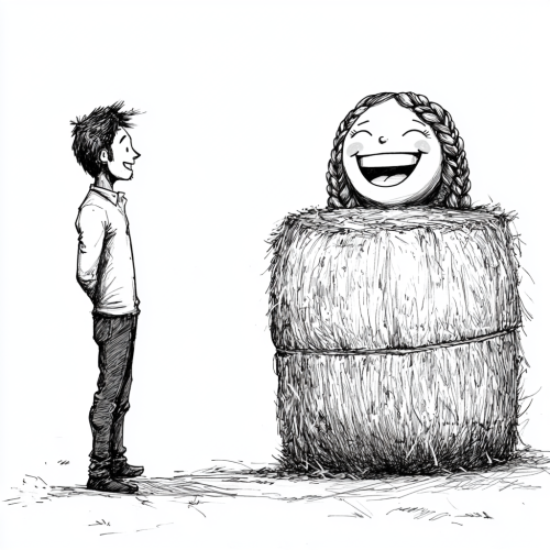 Amused man and laughing woman drawn in black and white.